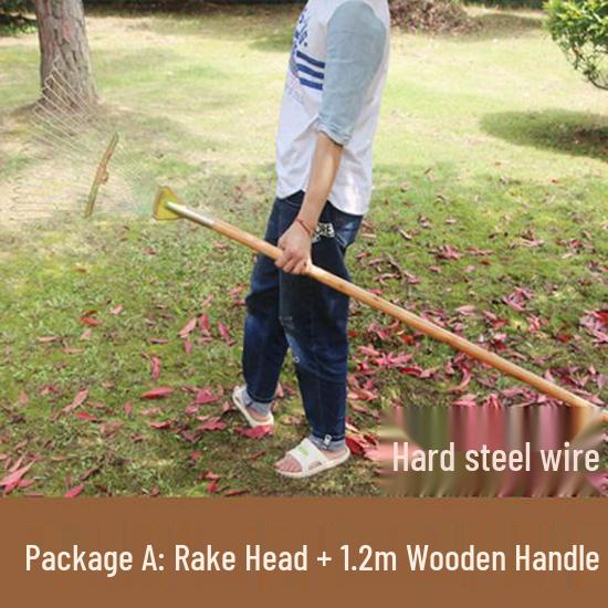 Garden Rake with Long Wooden Handle for Lawn and Leaves