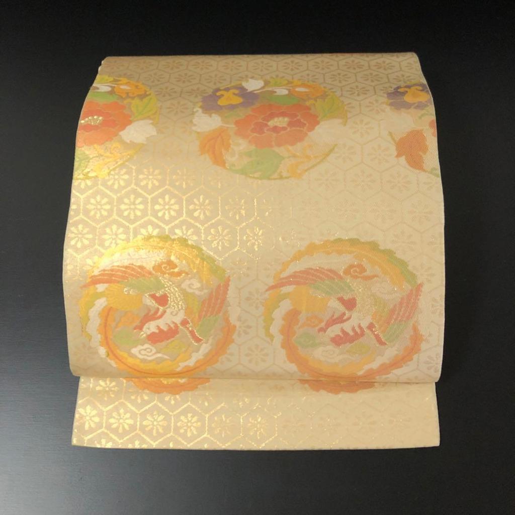 Used SO-835 Fukuro obi 6 pieces Pure silk Gold thread Phoenix flower round pattern Formal Luxury