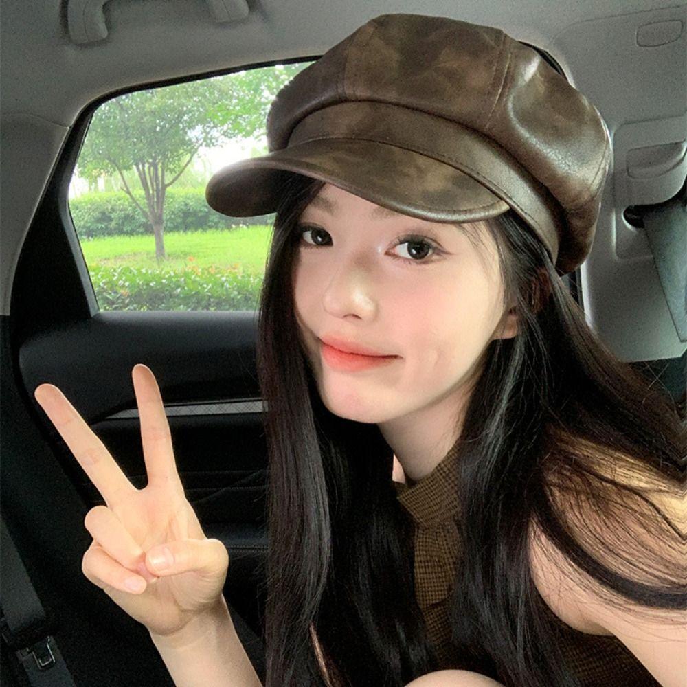 British Style Pu Leather Beret Autumn Winter Artist Cap Elegant Women's Beret  Streetwear