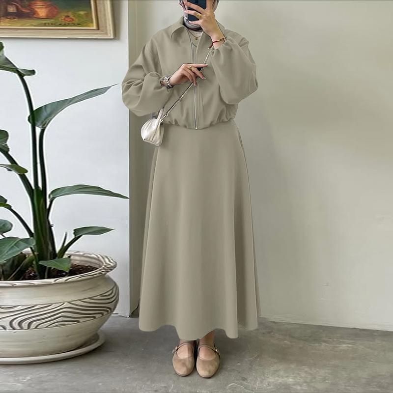 

ZANZEA Женский костюм-двойка: куртка на молнии с длинным рукавом и юбка, повседневный комплект 2XL хаки