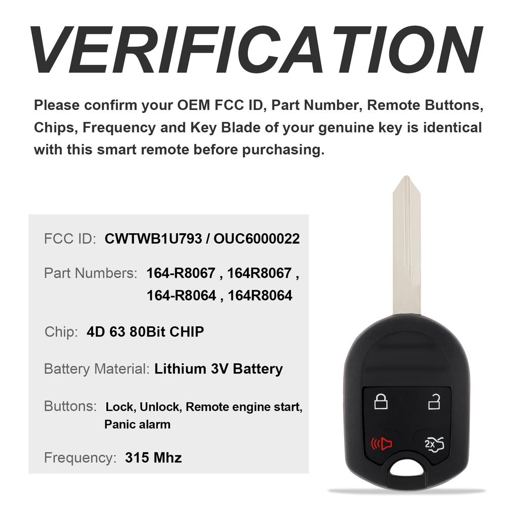 2pcs CWTWB1U793 315MHz 4 Buttons Keyless Entry Remote Replacement for with 4D63 80Bit Chip Wear-resistant