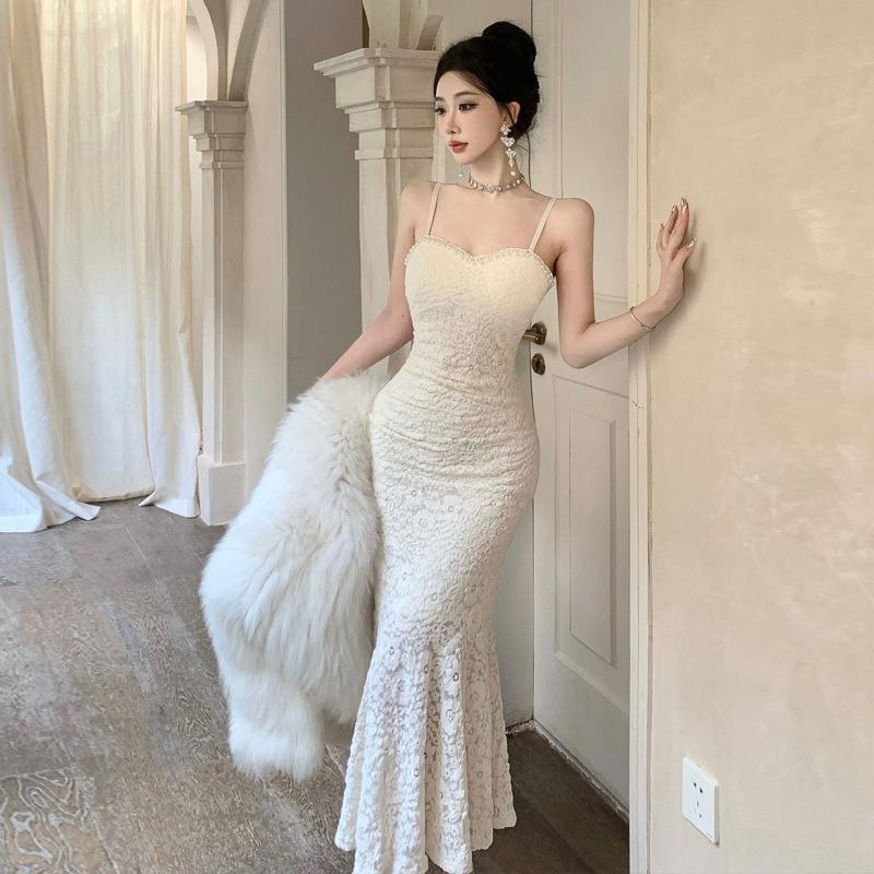 

Женское французское платье Spice Girls с кружевом и бисером, облегающее по фигуре, с вырезом «рыбий хвост» S абрикосовый