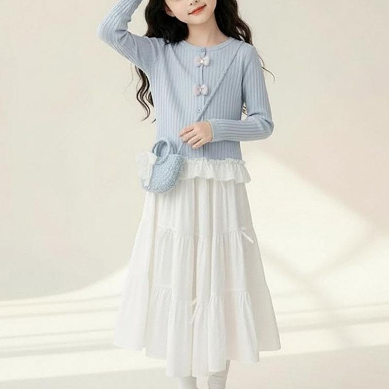 Girls' Sweet Set - Spring/Autumn Children's Fashion Long-Sleeved Top and Half-Dress Set