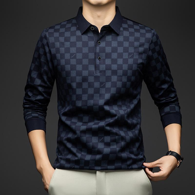 

Polo Shirts for Man Autumn Business Slim Fit Long Sleeve T Shirt Men Casual Loose Pullover Plaid Men Tops & Tees 4XL темно-синього кольору
