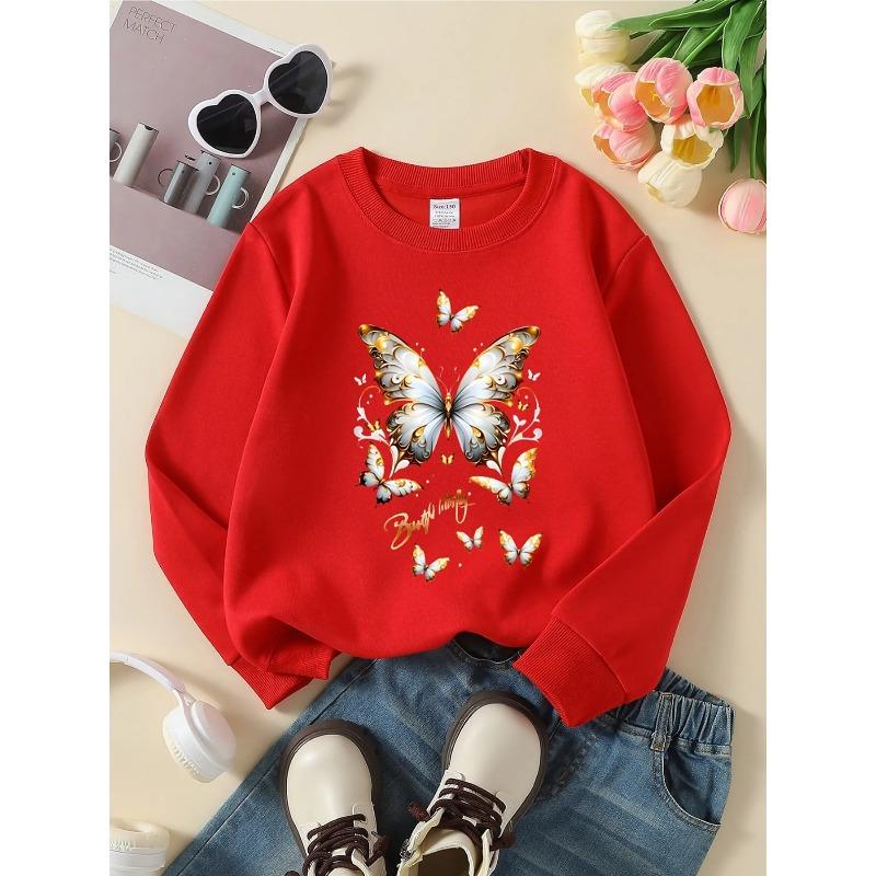Girls' White & Golden Butterfly Print Round-Neck Hoodie - Soft Machine-Washable Spring/Fall Casual Wear Suitable for