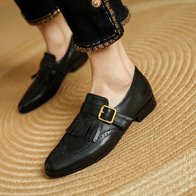 Modne Damskie Mokasyny ze Skóry Naturalnej z Frędzlami Wsuwane Płaskie Buty Loafersy Rekreacyjne Miękkie Wygodne Codzienne Buty Damskie
