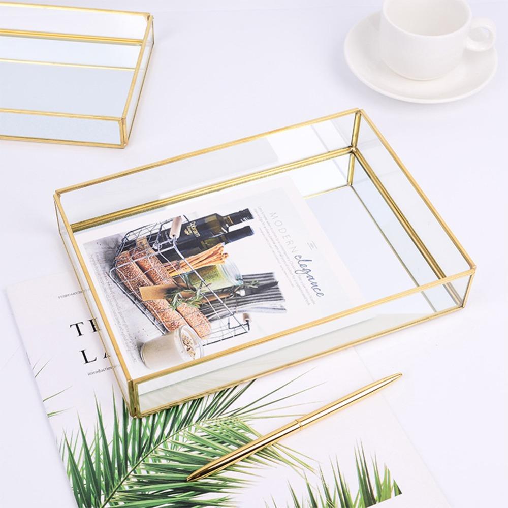 Vintage Metal Glass Storage Box Gold Rimmed Rectangular Cosmetics Display Box Glass Translucent Compartments Gold Tray