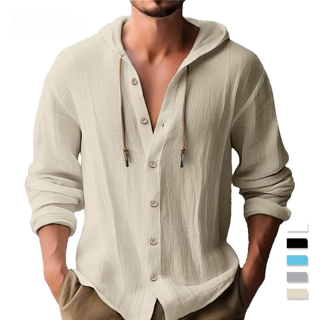 Spring and Summer Men's Hooded T-shirt Solid Color Cotton Linen Men's Casual Long Sleeved Top