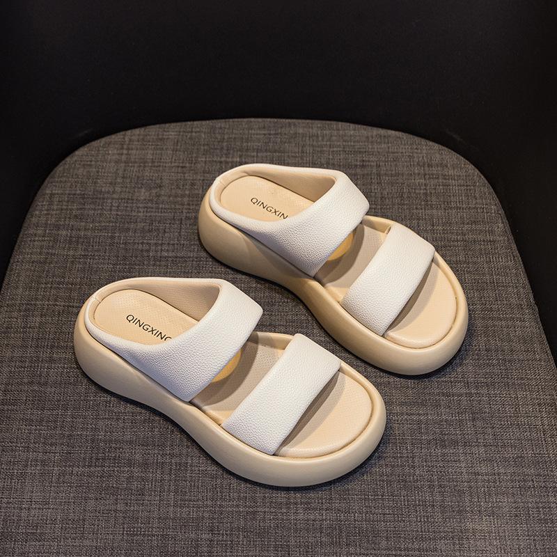The Same Style, Round Head Thick Bottom Wide Edge Double Word with Thick Bottom Soft Elastic Stepping On Shit Feeling Leather Cool Slippers Female