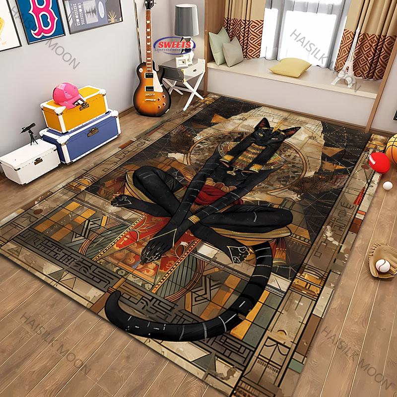 3D HD Printing Ancient Egyptian Cat God Majestic Carpet, Living Room and Bedroom Entrance Door Mat ,Home Decor Mat, Picnic Rug