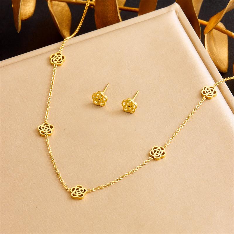 Gold Plated Camellia Jewelry Set Necklace Earrings Bracelet
