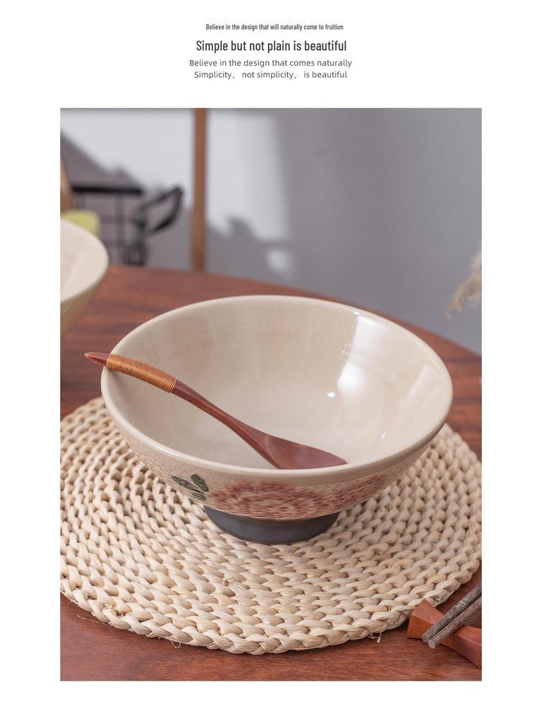 Retro Hand-Painted Floral Ceramic Noodle Bowl - Large Chinese Style Soup/Rice Bowl with Underglaze Color