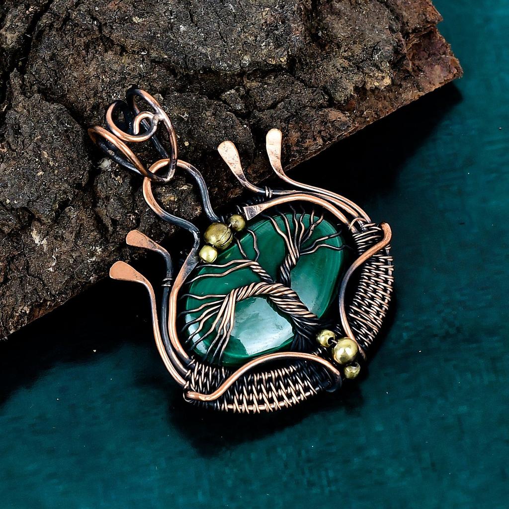 Malachite pendant copper wire wrapped pendant handmade jewelry real gemstone jewelry tree of life pendant birthstone jewelry chain pendant
