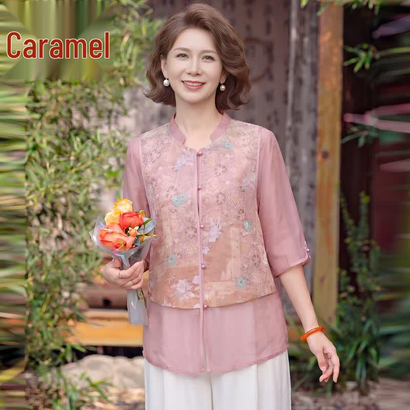 Women s Chinese Style Elegant Floral Mid-Sleeve Shirt XL