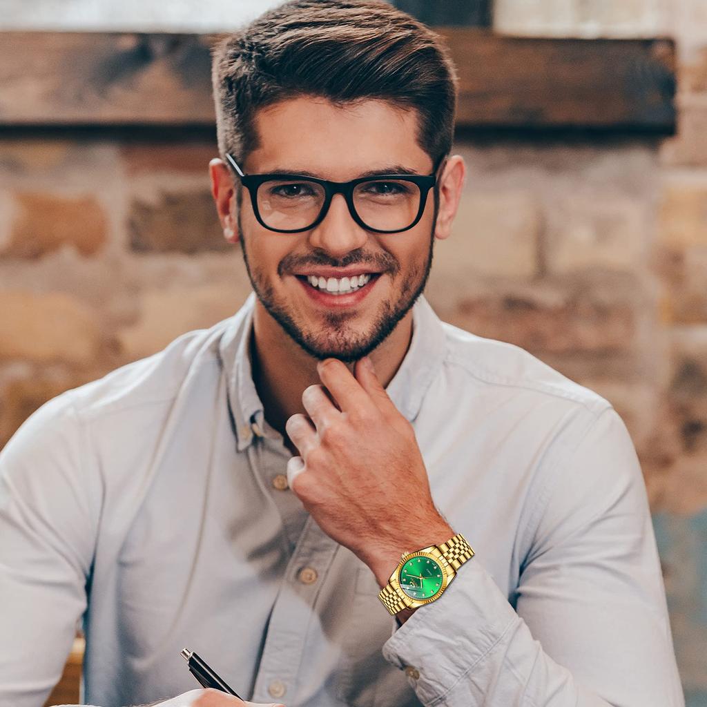 JEWELRYWE Quartz Analog Wristwatch with Luminous Casual Stainless Romantic Gift for Green Couple's Watch, Ultra-Thin Hands, Steel, Men's, Couples,