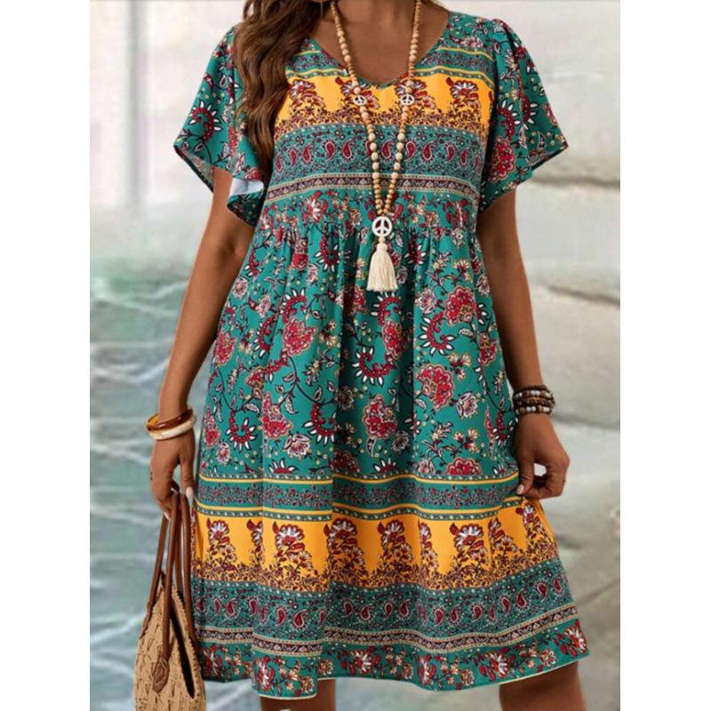 Women V Neck Short Sleeve Floral Print Dress Boho Bohemian Summer Holiday Midi Dress S