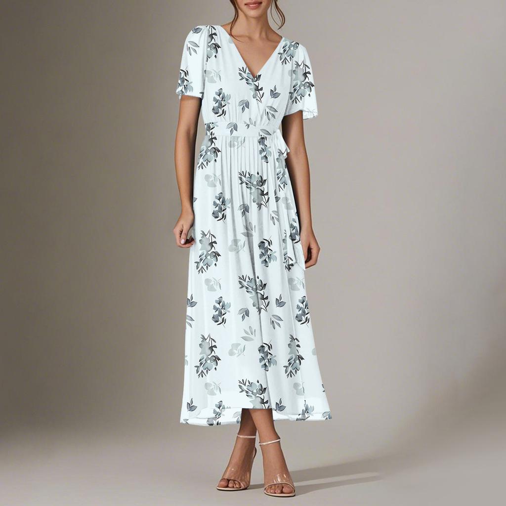 Women's Summer Floral Bohemian Dress Wrap V Neck Short Sleeves Ruffle A-Line Flowy Maxi Dress Summer Dresses For Women