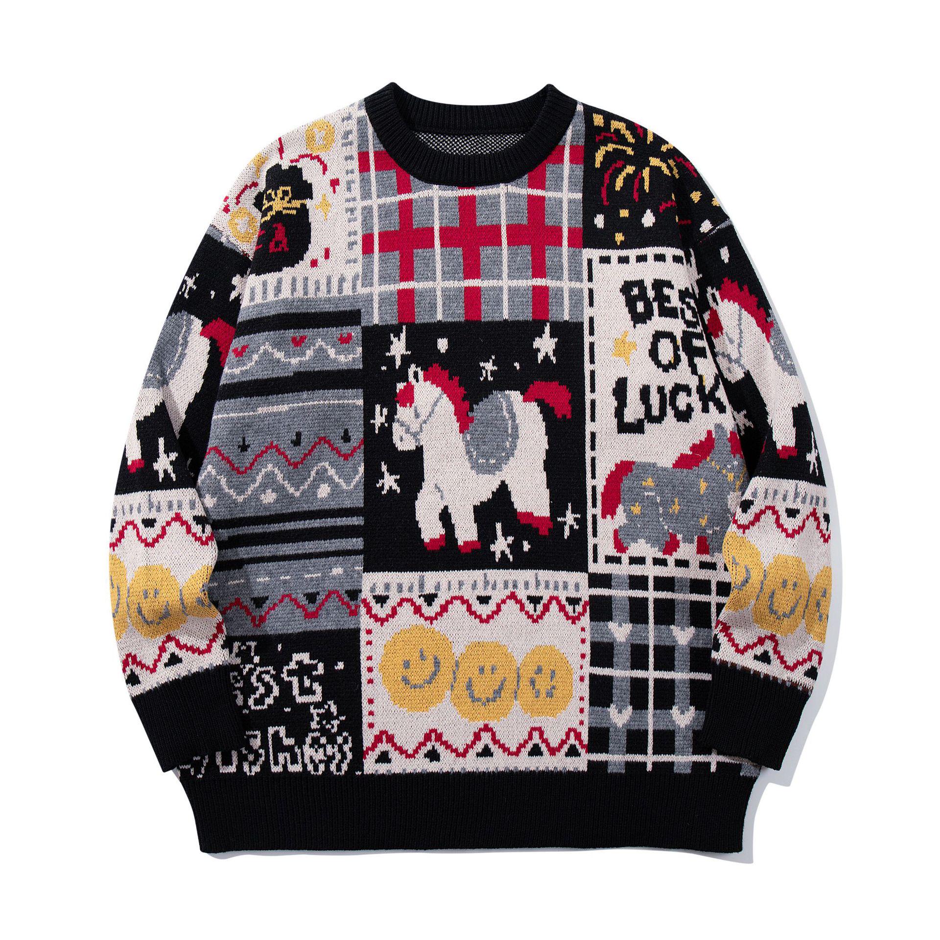 

YWFG Men s 2026 New Year Horse Patchwork Loose Knit Sweater - Round Neck, Long Sleeve, Unisex Medium чорний