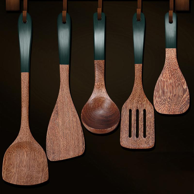 Neu! Kochgeschirrwerkzeuge aus Holz mit grünem Griff Antihaft Anti-Rutsch Löffel Spatel Küche Kochen