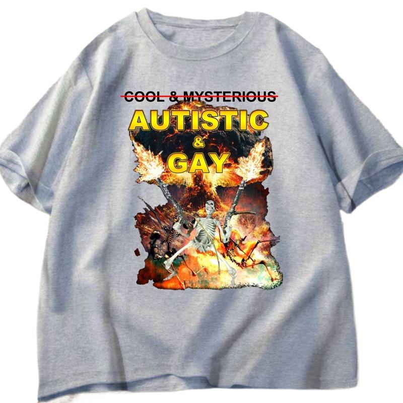 Autistic and Gay Skeleton Explosion T-Shirt Unhinged Graphic T Shirts Cursed Skeleton Autism Meme Men Women Tees Clothes Summer