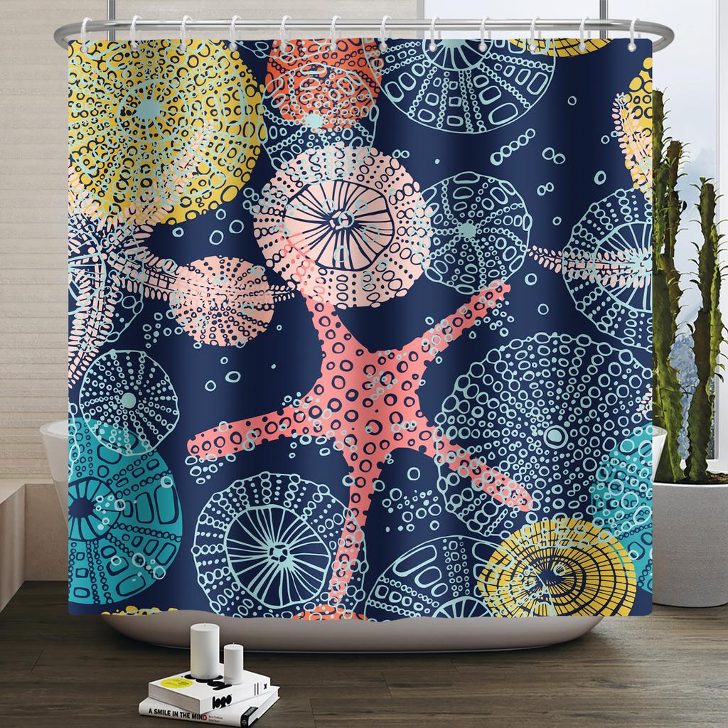 Nautical Coastal Shower Curtain Starfish Coral Seashell Beach Ocean Bathroom Curtain Underwater Marine Waterproof Bath Curtain
