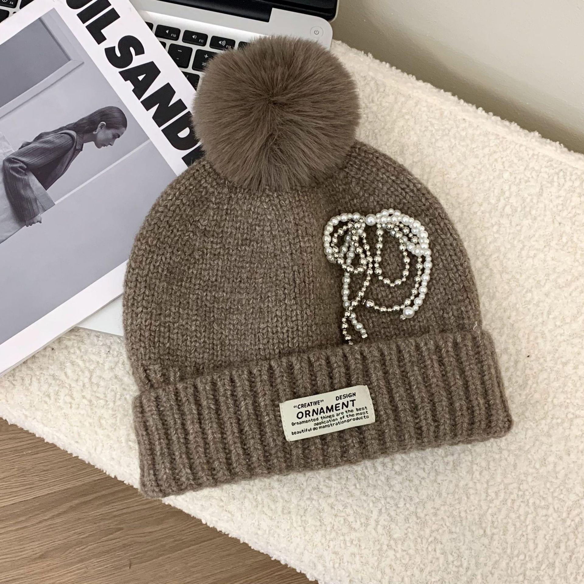 

Шапка большого размера на окружность головы, осенне-зимняя, с жемчужным бантом, с большим помпоном, вязаная шерстяная шапка, шапка для велоспорта