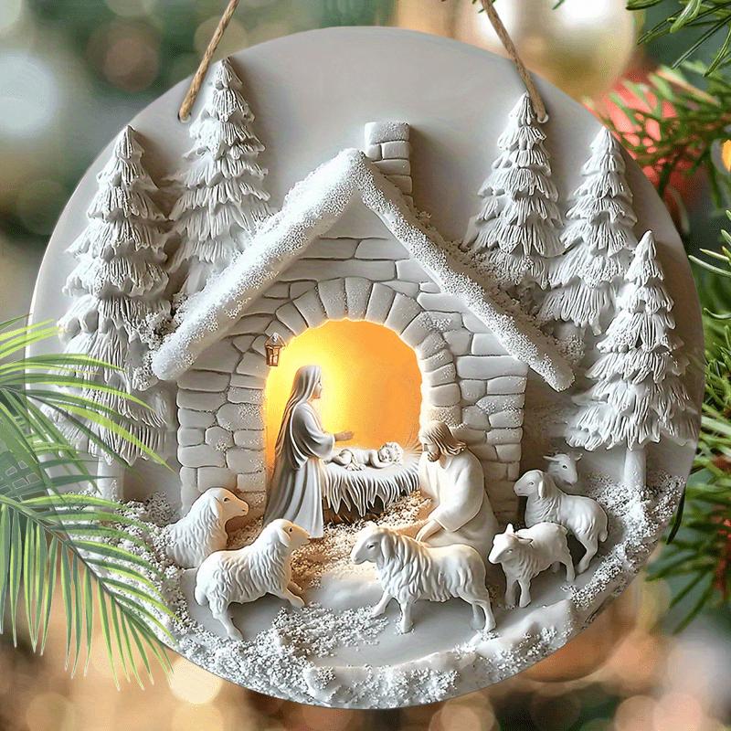5pcs Wooden Nativity Scene Christmas Sign - 2D Flat Relief, No Electricity or Battery Needed, Festive Wall Hanging Ornament for Home Decor