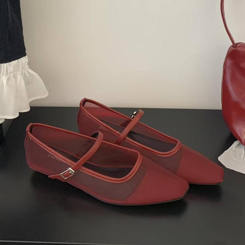 Fashion SUOJIALUN 2025 Autumn Women Red Flat Shoes Fashion Mesh Square Toe Shallow Mary Jane BalletShoes Outdoor Soft Dress Single Shoe