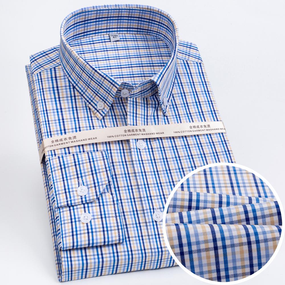 Men's Plaid Spread Collar Wrinkle-Free Long Sleeve Button-Down Shirt, 100% Cotton Regular Fit Business Casual Formal Office Wear