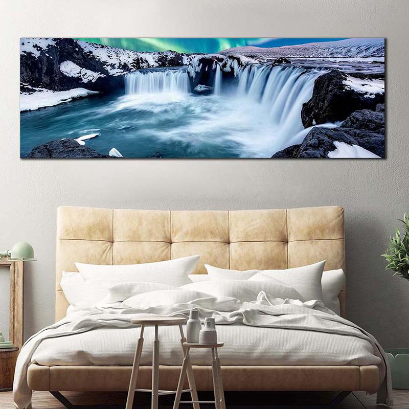 Landscape Green Northern Aurora Lights Waterfall Canvas Painting Posters And Prints Wall Art Pictures Home Decor No Frame