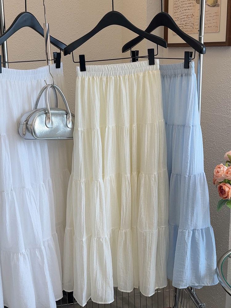 Women's Korean Style White A-Line Puffy Skirt - Mid-Length, High Waist for Spring, Summer, Autumn 2026