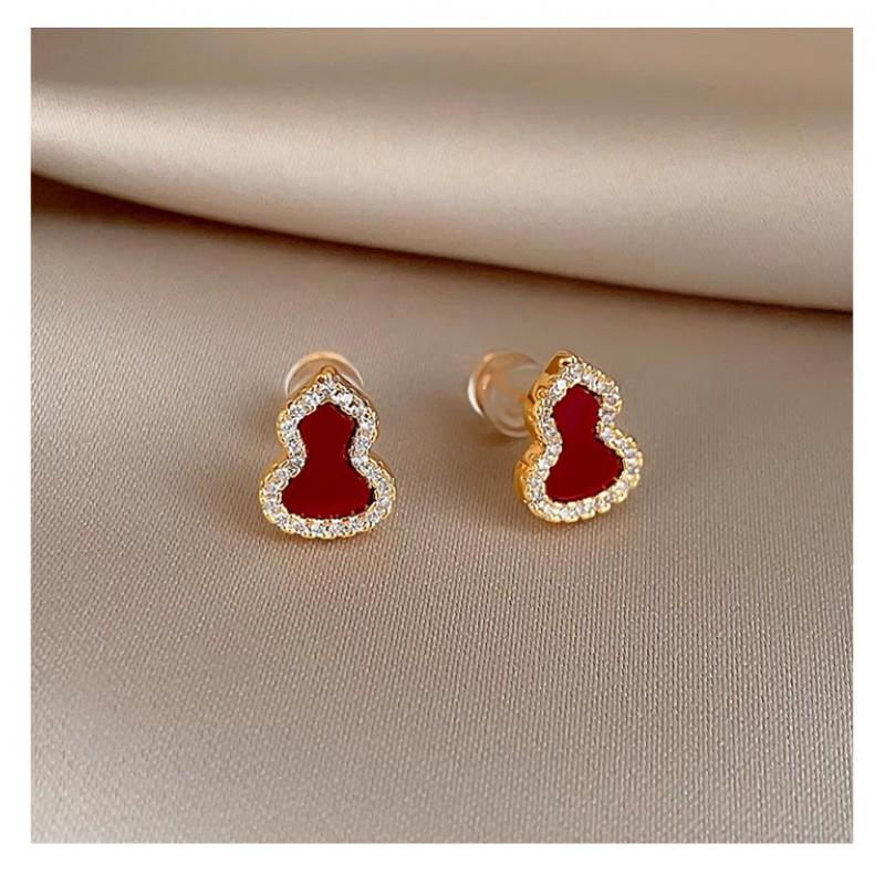 Sterling Micro Pave Pendant Earrings Women Lucky Red Green White Gourd Design New Chinese Style Minimalist Luxury