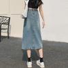 Women's High-Waist Denim A-Line Skirt with Pockets and Slit - Retro Mid-Length Design