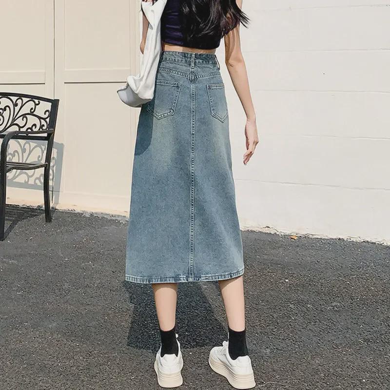 Women's High-Waist Denim A-Line Skirt with Pockets and Slit - Retro Mid-Length Design