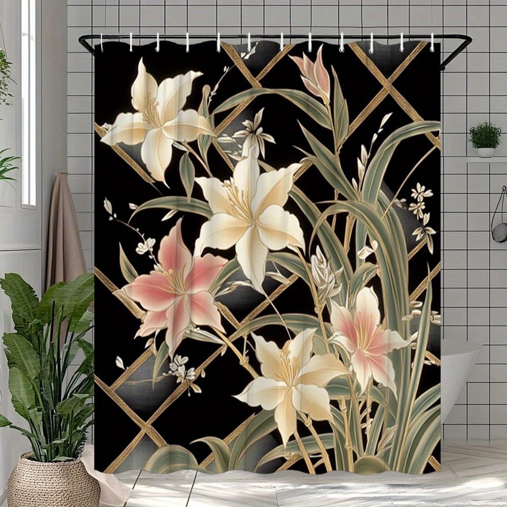 

Golden Lily On A Black Background Shower Curtain Washable Dirt-Resistant Shower Head Waterproof Polyester Bath Curtain W60H190(CM)-1 Pcs