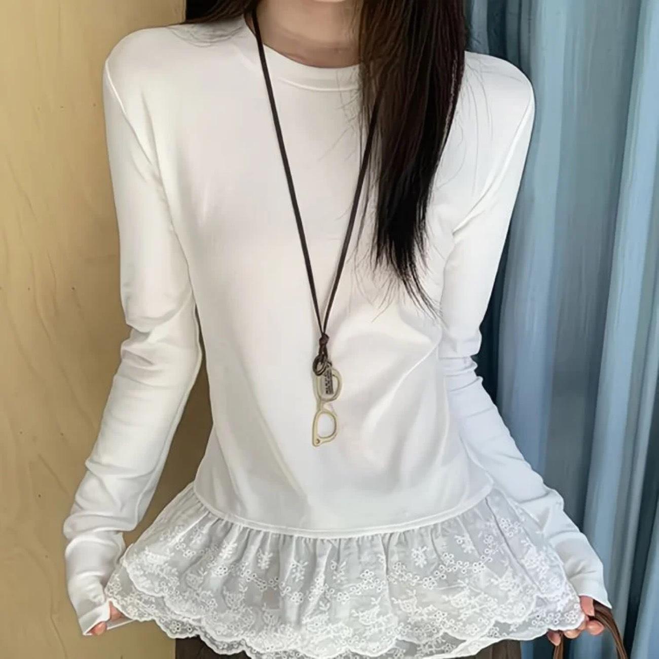 

White Lace Floral Trim Long Sleeve Base Layer Top for Women - Autumn/Winter Korean Style Fashion New Arrival. Large