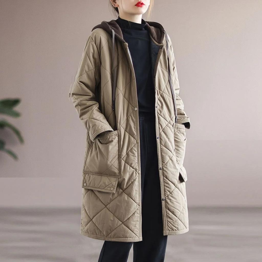 Diamond-shaped Cotton-padded Jacket Loose Large Size Casual Mid-length Cotton-padded Jacket Women