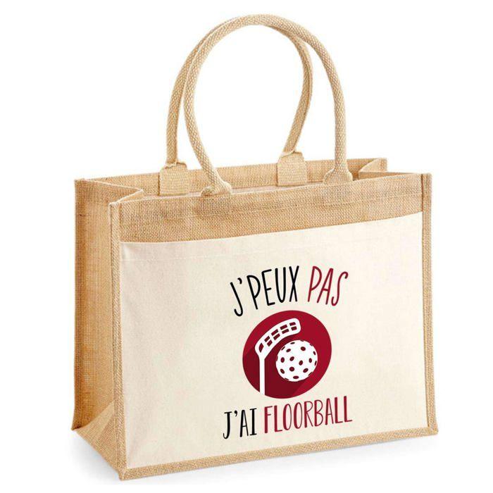 Sac de plage - PLANETEE - Jute avec poche Floorball J'peux pas - Coton - 43 x 33 cm - Anses bandoulière