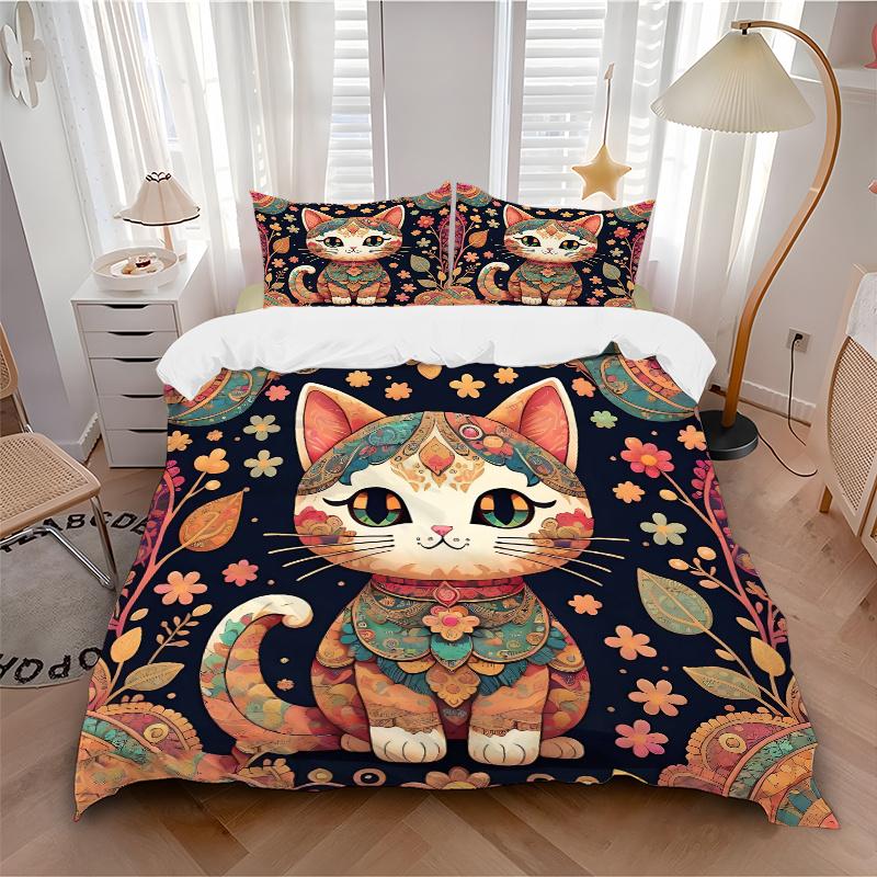 3pcs Colorful Floral Cat Bedding Set - 1 Soft Quilt Cover + 2 Pillowcases, Machine Washable - Suitable for All Seasons, Perfect Gift for Family a