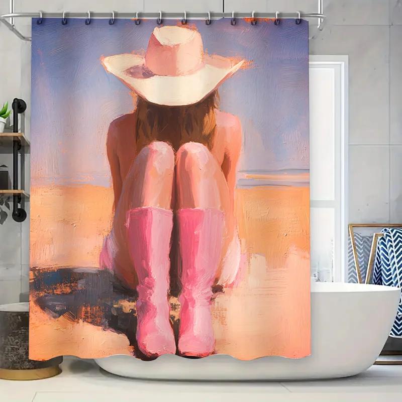 

Beach Escape Shower Curtain: Pink Boots Hat Painting for Bathroom Decor Modern Artistic Home Decorative Waterproof Fabric ShOW 90x180cm