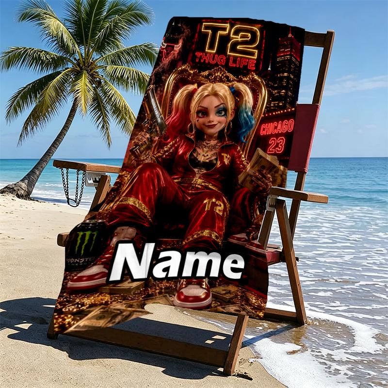 Custom Name Personalized Harley Quinn Joker Print Beach Towel, for Trip Camping Beach Party Home Decor, Birthday Gift for Family & Friends