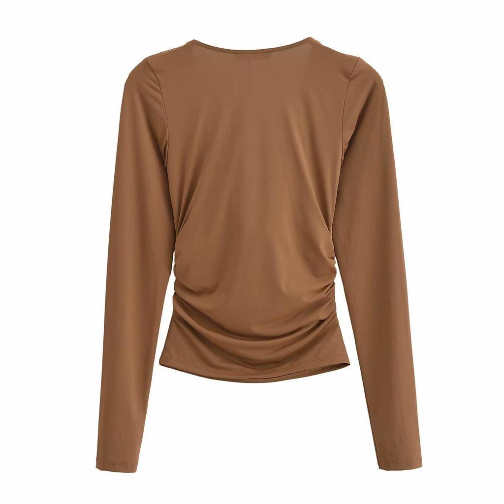 Autumn 2024 Women's European & American Style Versatile Pleated Long-Sleeve Drape Top