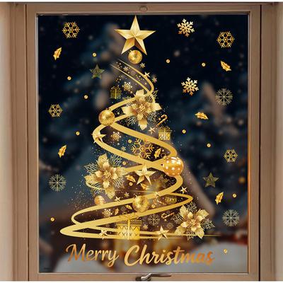 Christmas Sticker Gold PVC Double-sided Printed Static Window Sticker Christmas Decorations Atmosphere Glass Sticker New Year