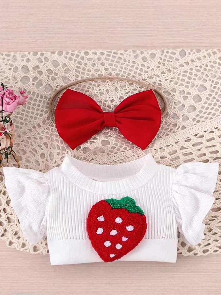 Baby-Mädchen-Strampler-Set mit Erdbeer-Thema, roter Schleife, Stirnband & Socken