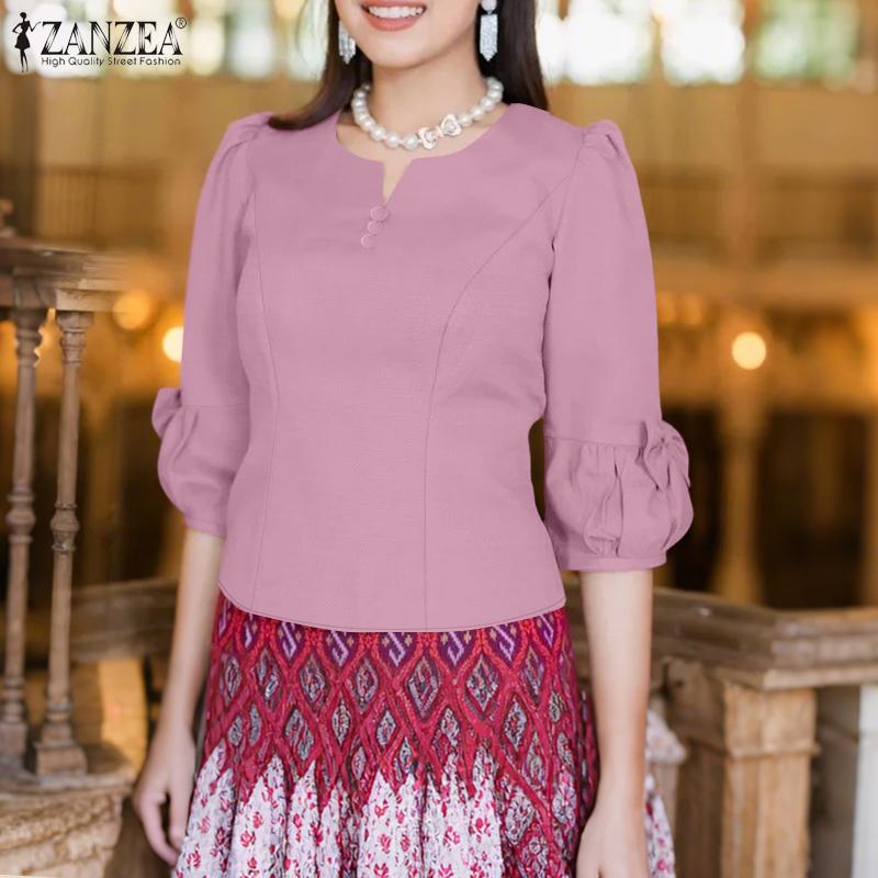 

ZANZEA Women Casual V-Neck Solid Color Summer 3/4 Sleeve Blouse S розовый
