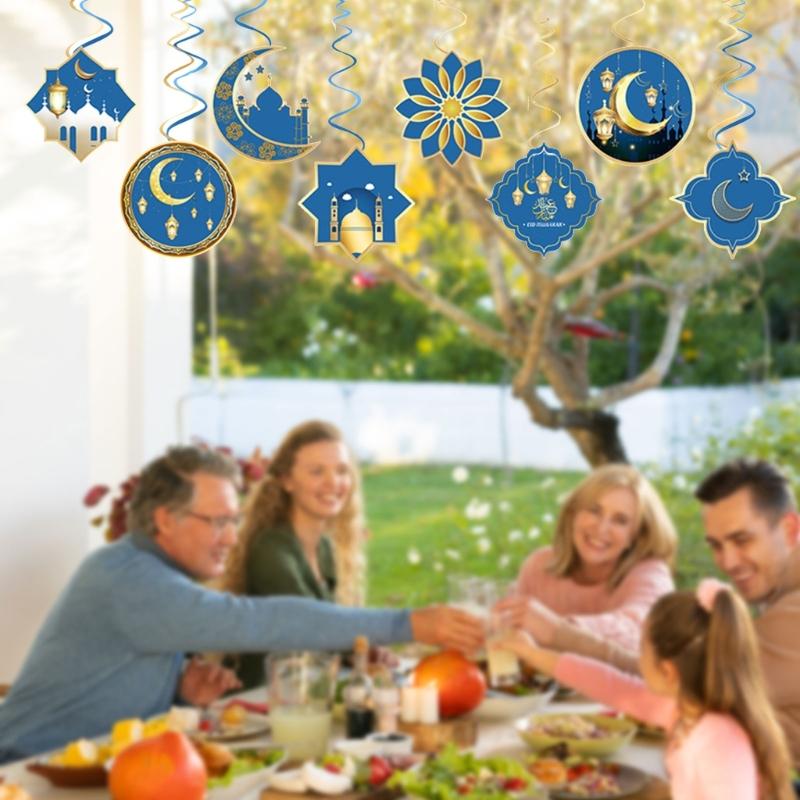 12pcs Eid Celebration Moon Castle Spirals Decoration Hanging Ornament for Family Gatherings and School Festivities