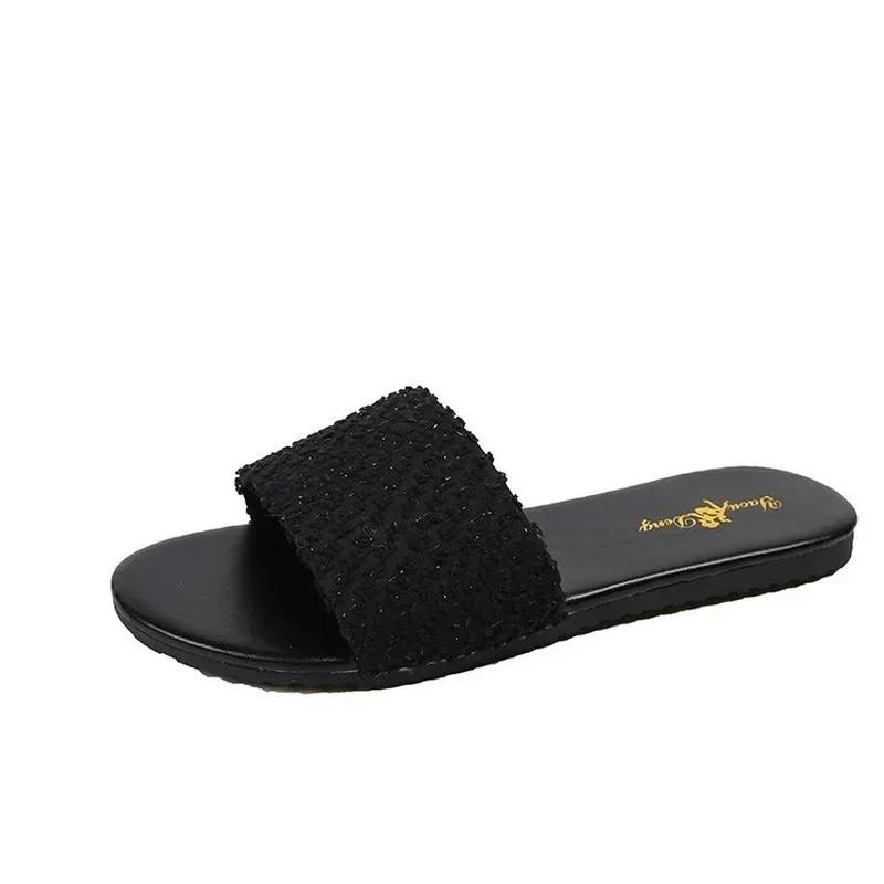 

Fashion Summer Women s Flat Sandals Plus Size 42 43 Women Outdoor Sequin Open Toe Comfort Casual Slippers 2024 New Slides for Women 43 чёрный