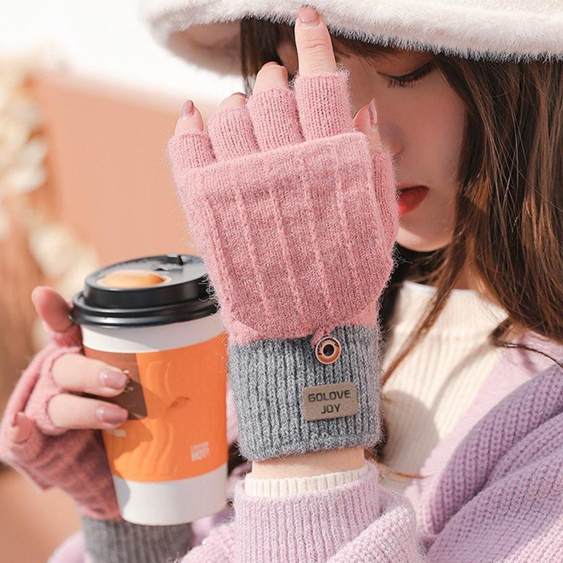 Half Finger Flip Korean Style Gloves Winter Women's Cute Fleece-Lined Cold-Proof Warm Wool Knitted Autumn and Winter Open Finger