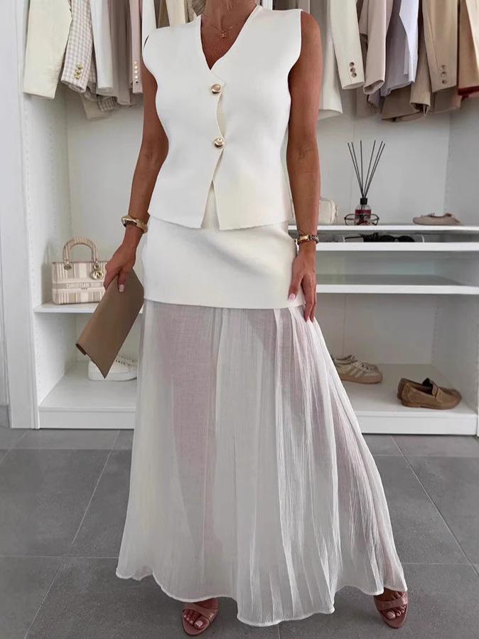 2025 Damen Sommer Schlankmachende Strickweste & Raffung Tüll Patchwork Langes Kleid Set