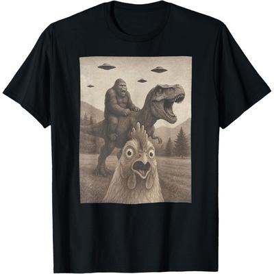 Funny Chicken Shirts, Chicken Selfie Bigfoot Riding T Rex T-Shirt